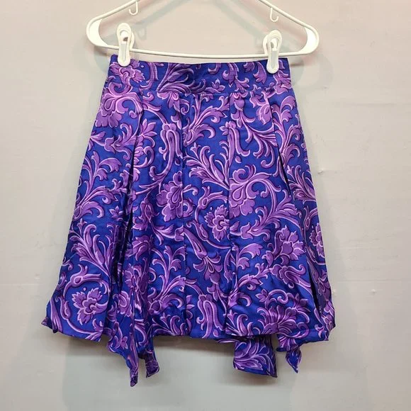Versace Vintage Silk Skirt Pleated Mini Blue Purple Asymmetrical Hem Mini Italy - Picture 14 of 14